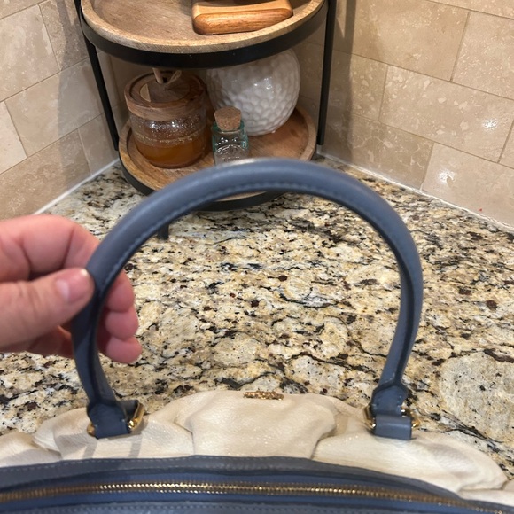 MCM Munich Leather Satchel Top Handle Bag Cream Blue Gold Hardware - Picture 8 of 13